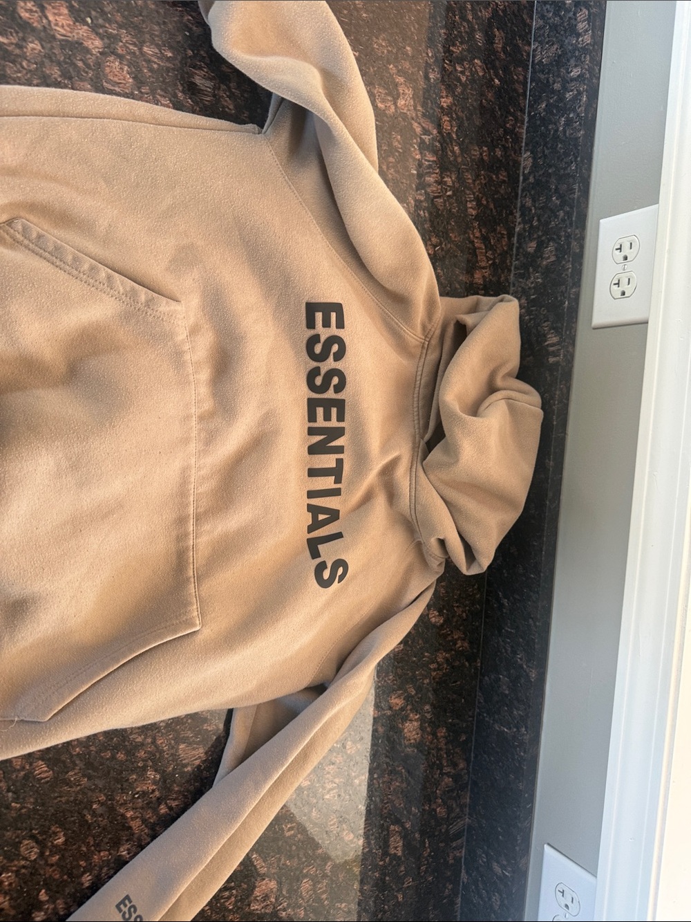 Essentials Beige Hoodie with Black Vertical Logo